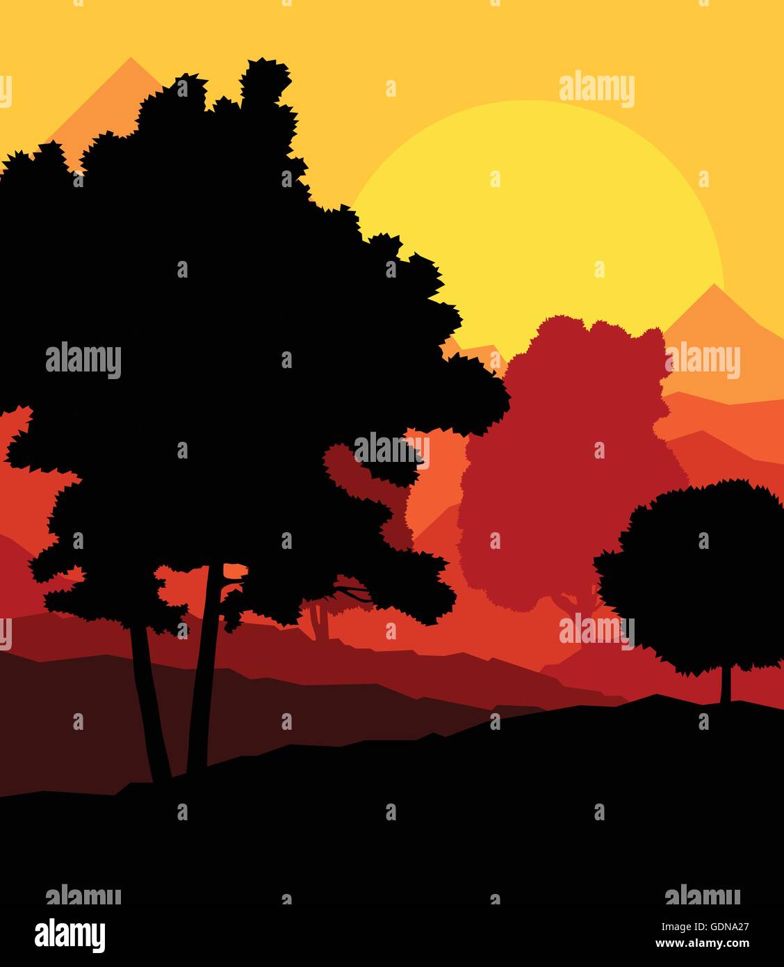 Alberi in tramonto sfondo vettoriale per poster Illustrazione Vettoriale