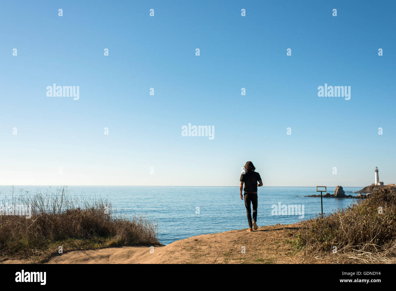 Uomo che guarda oltre Oceano Pacifico dall' Autostrada 1, CALIFORNIA, STATI UNITI D'AMERICA Foto Stock