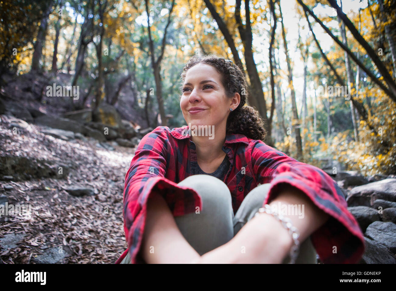 Giovani femmine escursionista seduta nella foresta, Arcadia, California, Stati Uniti d'America Foto Stock