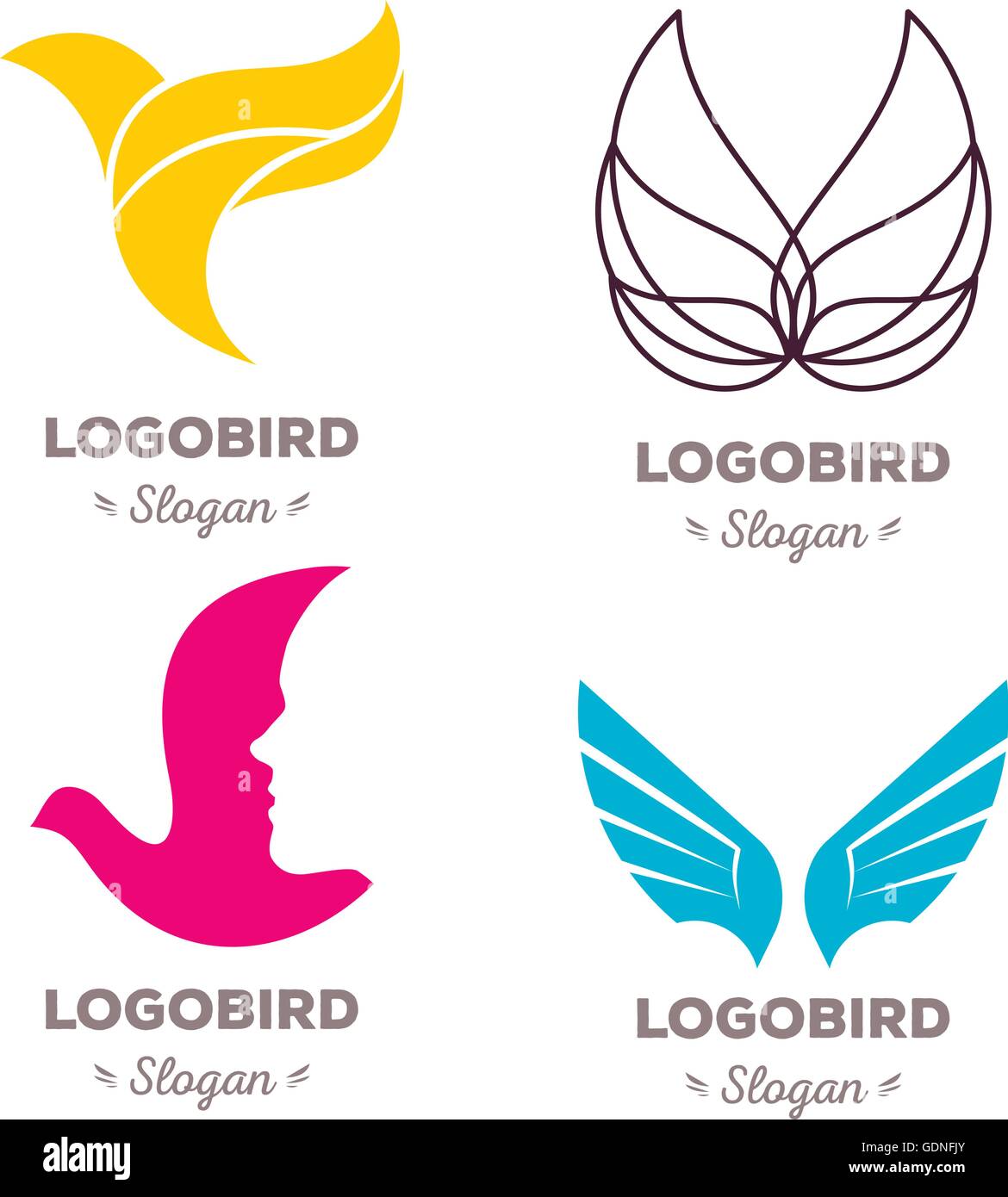Isolato coloratissimi uccelli in volo logo vettoriale set. Animali raccolta di marchi e logotipi. Illustrazione Vettoriale