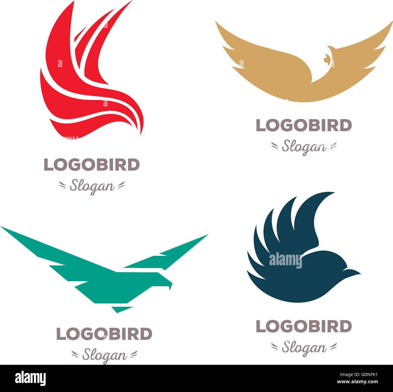 Isolato coloratissimi uccelli in volo logo vettoriale set. Animali raccolta di marchi e logotipi. Illustrazione Vettoriale
