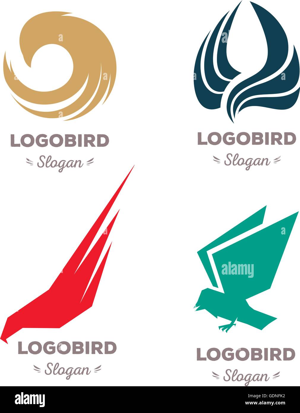 Isolato coloratissimi uccelli in volo logo vettoriale set. Animali raccolta di marchi e logotipi. Illustrazione Vettoriale