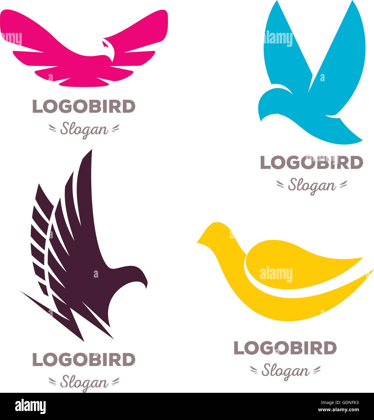 Isolato coloratissimi uccelli in volo logo vettoriale set. Animali raccolta di marchi e logotipi. Illustrazione Vettoriale