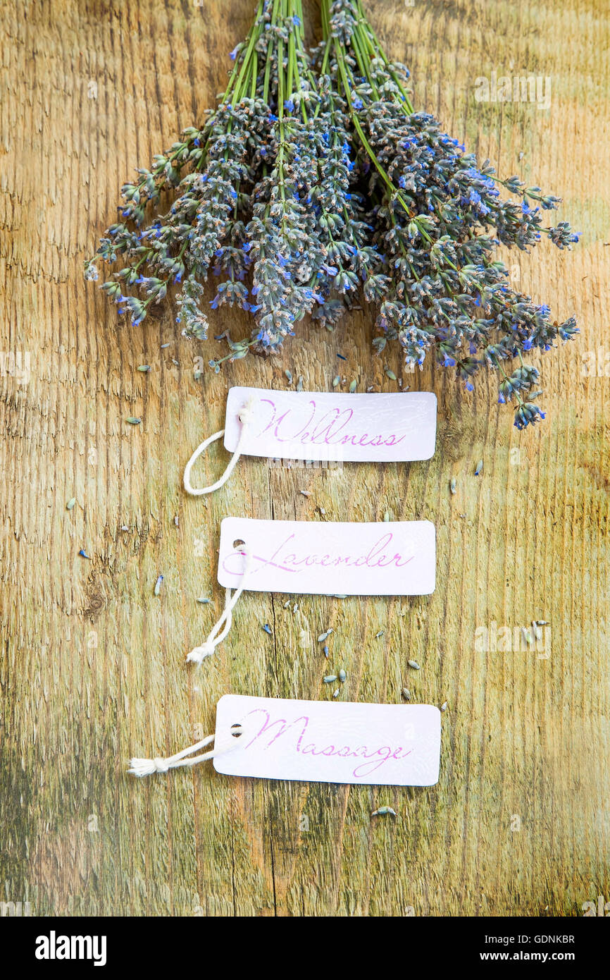 Benessere massaggio lavanda etichette con mazzetto di Lavanda fiori sul rustico sfondo di legno Foto Stock