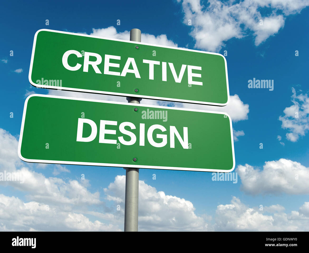 Un cartello stradale con il design creativo parole su sfondo cielo Foto Stock