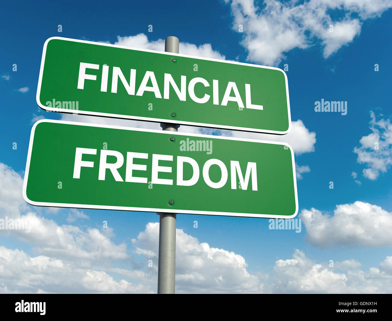 Un cartello stradale con la libertà finanziaria parole su sfondo cielo Foto Stock