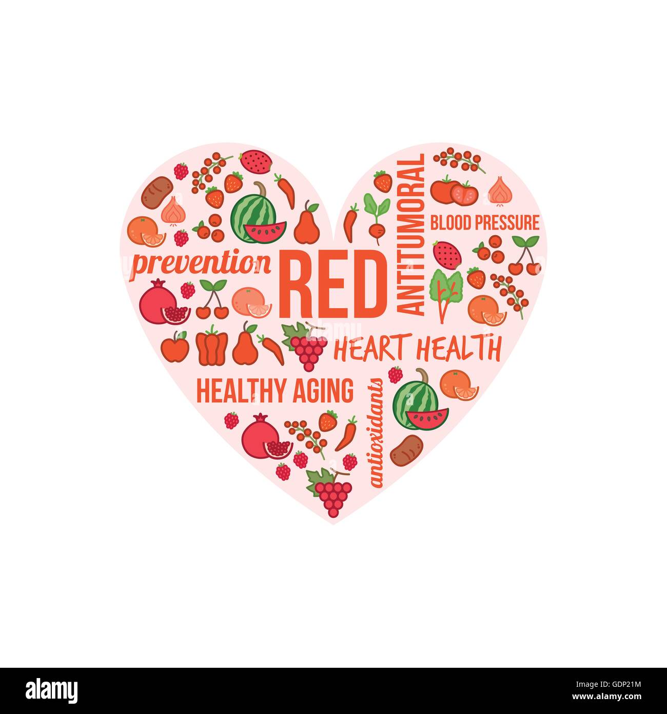 Rosso di frutta e verdura con concetti di testo in una forma circolare, dieta e concetto di nutrizione Illustrazione Vettoriale
