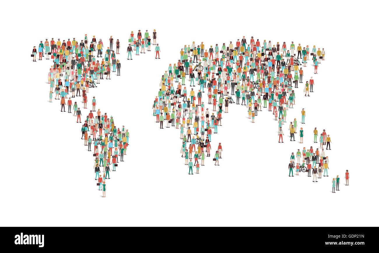 La folla di persone che compongono la mappa del mondo, vista aerea, comunità globale, comunicazioni internazionali e dei diritti umani concept Illustrazione Vettoriale