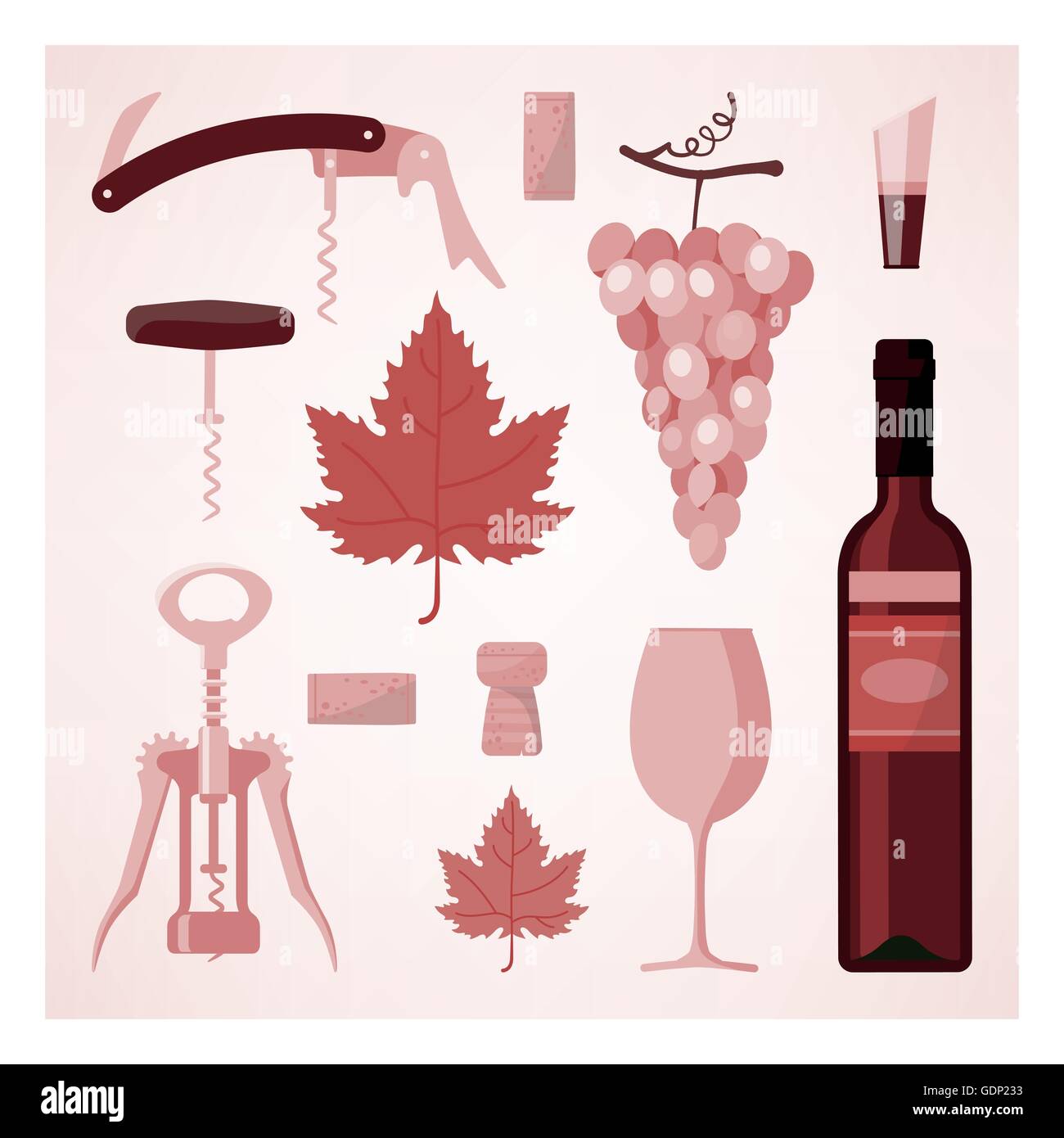 Rosso e rosato vintage illustrazione con bottiglia di vino, vetro, vite, tappi e cavatappi Illustrazione Vettoriale