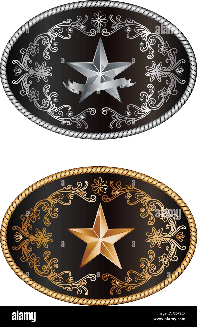 Round western fibbia con stella e decorazioni Illustrazione Vettoriale