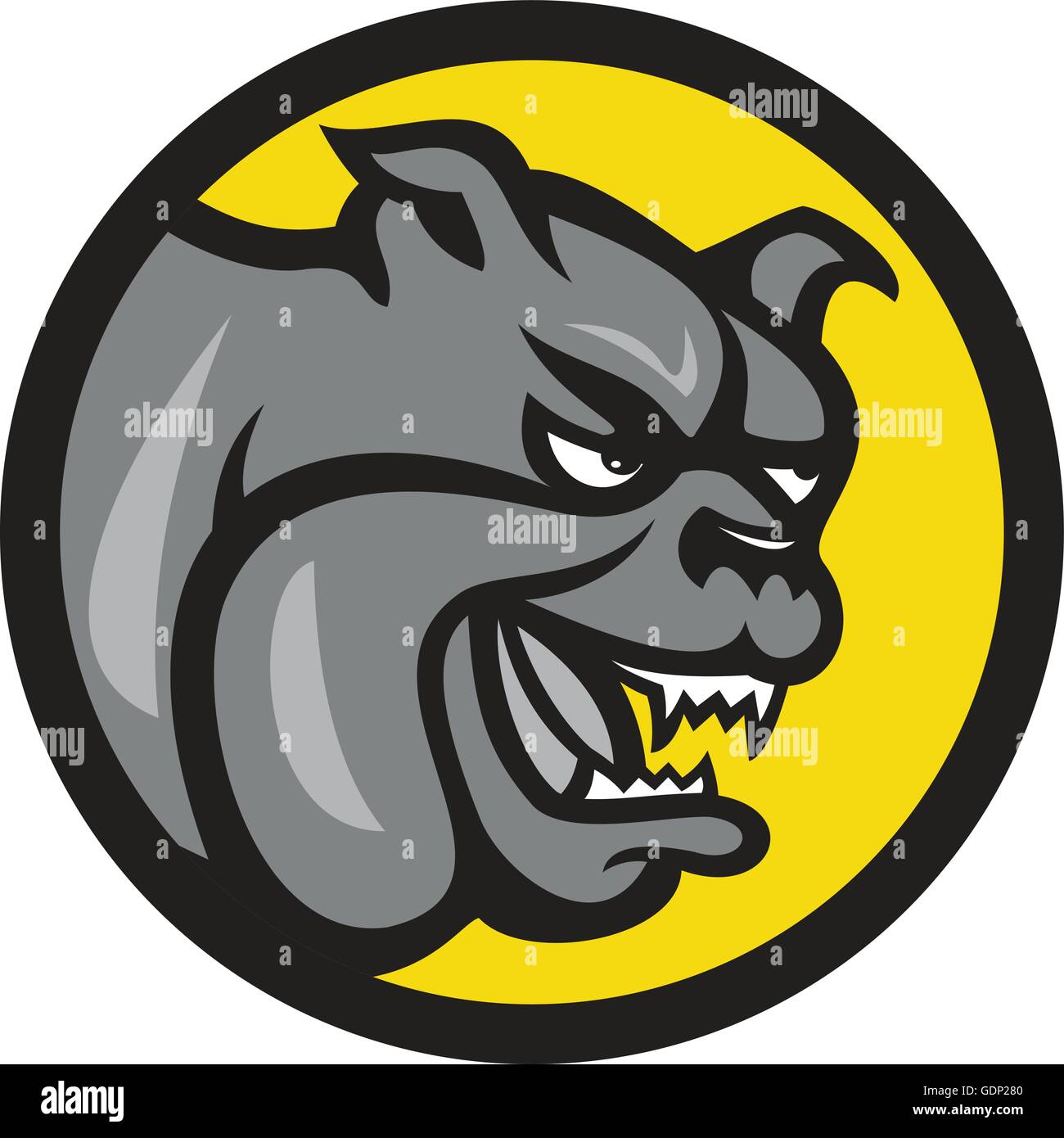 Illustrazione di una testa di un arrabbiato bulldog che mostra i denti taglienti visto dal lato impostato all'interno del cerchio fatto in stile cartoon. Illustrazione Vettoriale