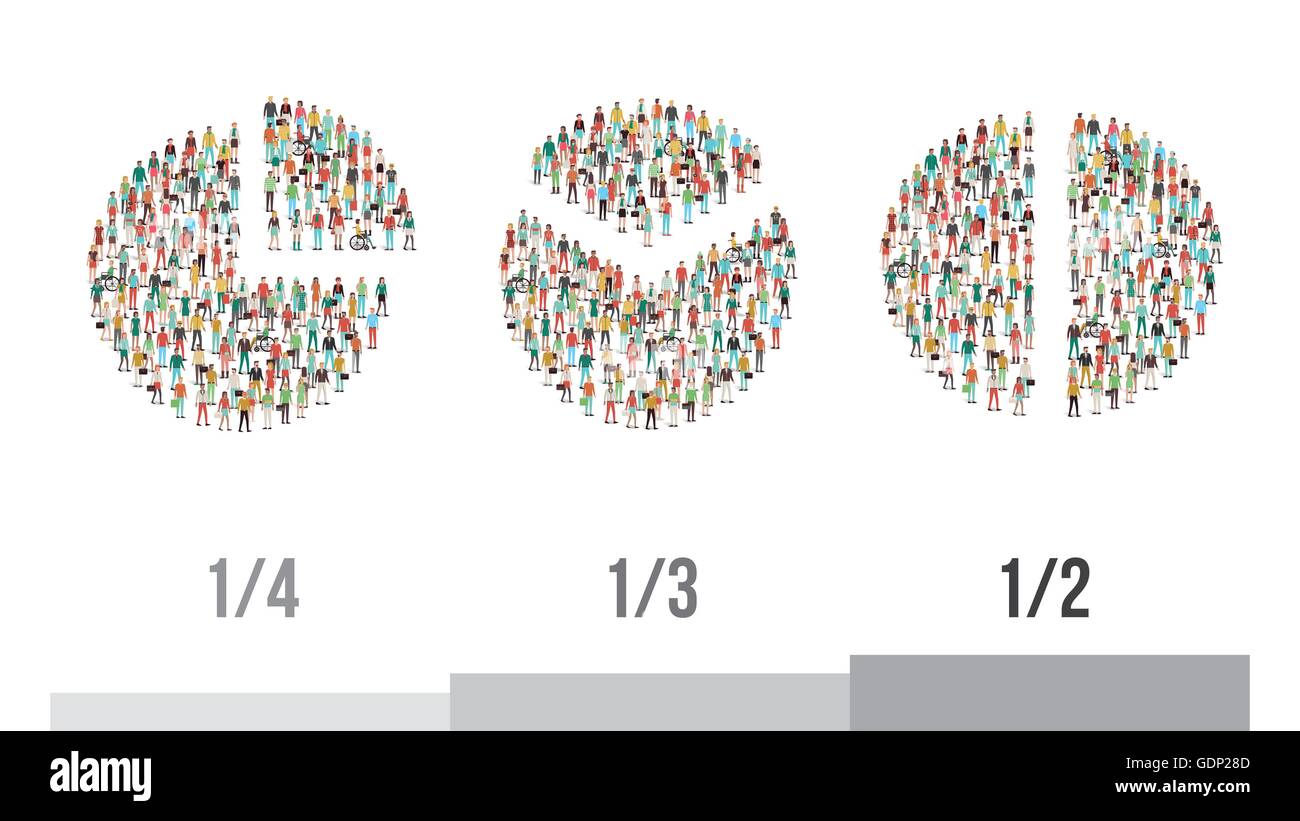 I grafici a torta composta di persone: un quarto, un terzo e della metà, statistiche e dati demografici concept Illustrazione Vettoriale