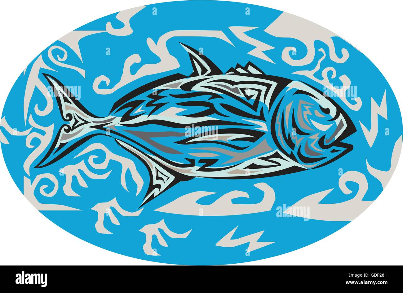 Arte Tribale illustrazione dello stile di un gigante di carangidi, Caranx ignobilis noto anche come kingfish gigante, umile, carangidi carangidi barriera o ulua una specie di grandi pesci marini nella famiglia di jack, Carangidae osservata dal lato interno di forma ovale impostato su isolare Illustrazione Vettoriale