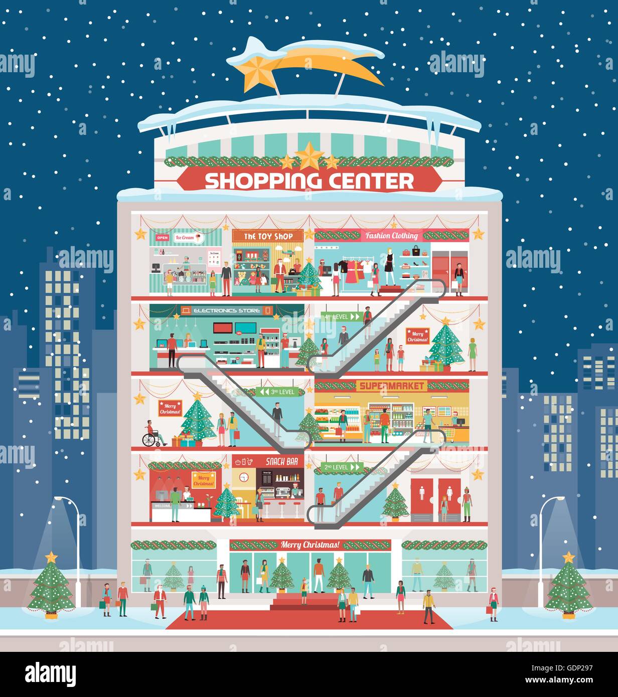 In inverno il centro commerciale con le decorazioni di Natale e la gente allegra shopping, neve e dello skyline della città sullo sfondo Illustrazione Vettoriale
