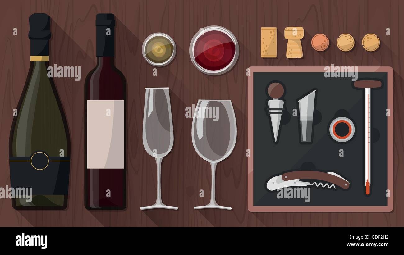 Il vino di tasking toolkit per enologi, sommelier e esperti, compresi i vini di vetro, bottiglie, cavatappi e un assortimento di oggetti su w Illustrazione Vettoriale