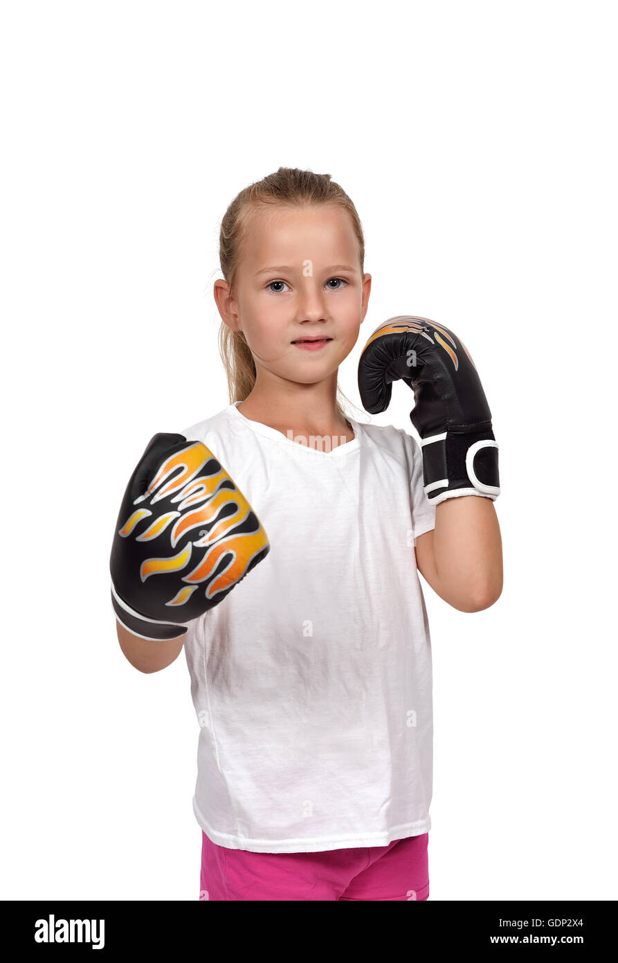 Bambina kid combattimenti con Thai boxe Guantoni boxe Foto Stock