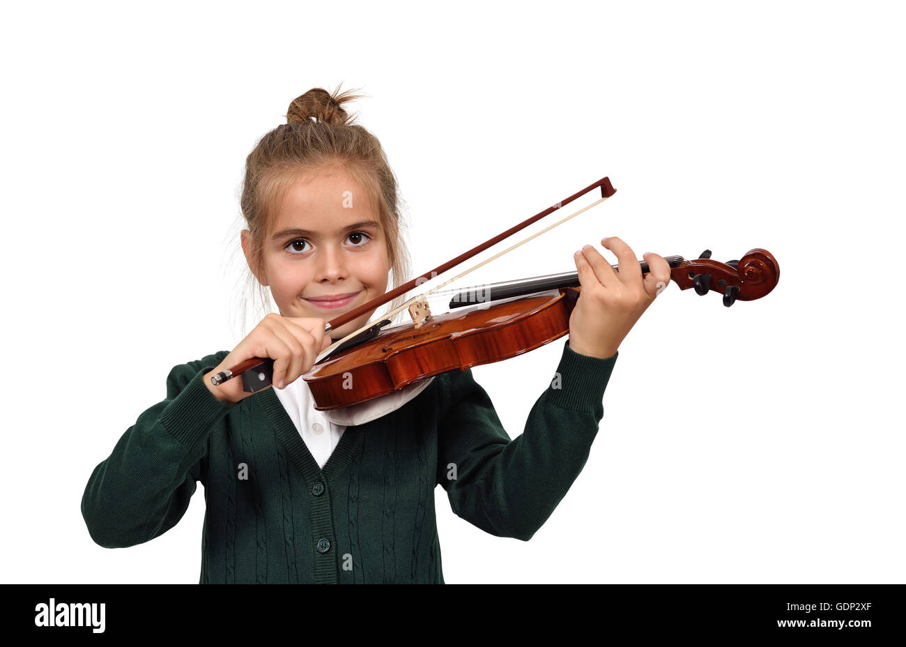 Ragazza con un violino su sfondo bianco Foto Stock