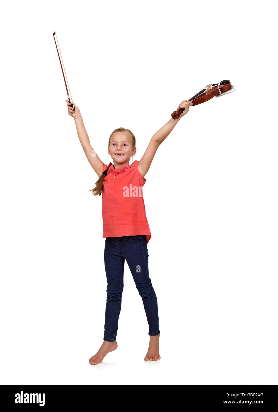 Felice bambina con un violino e archetto Foto Stock