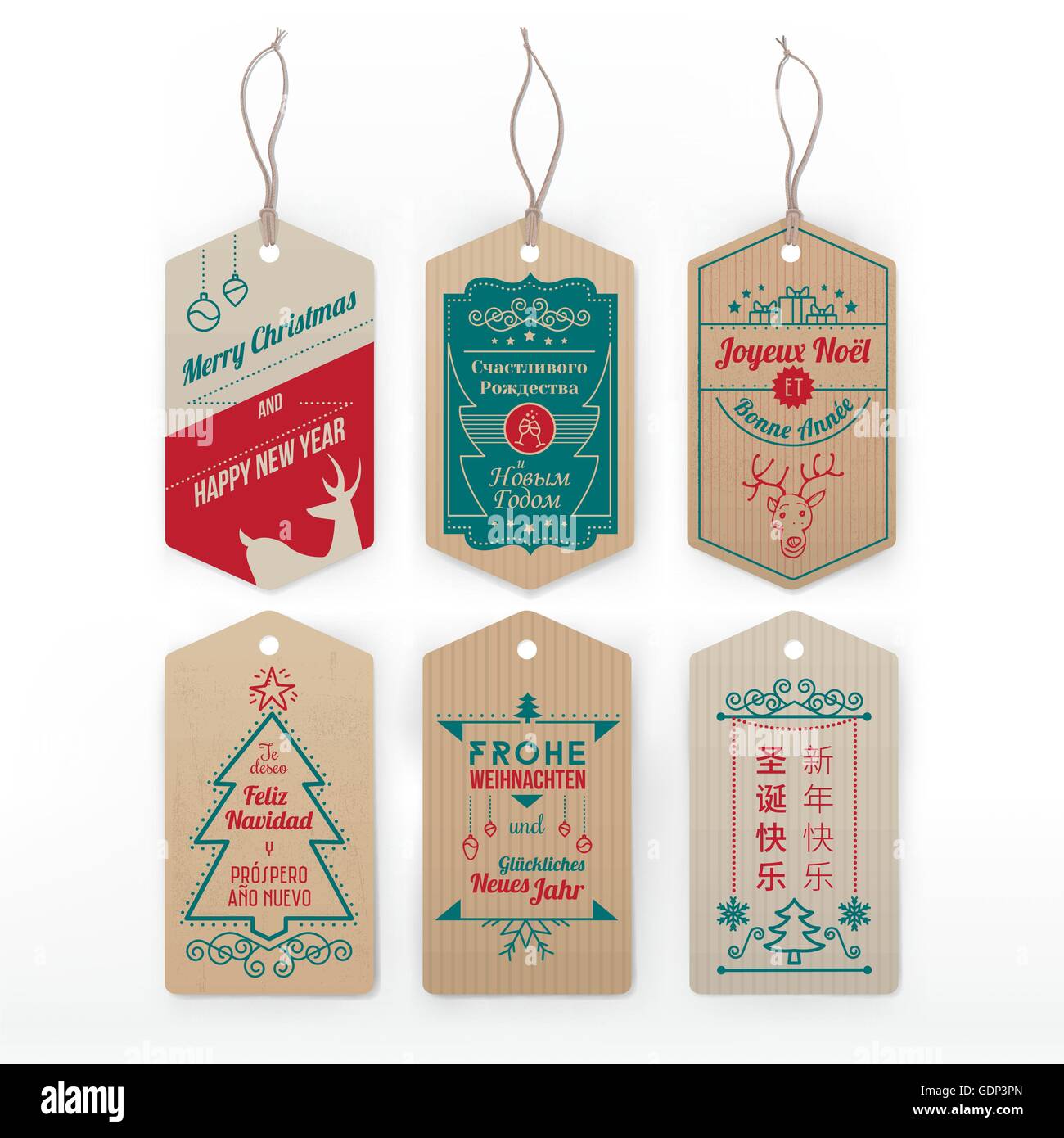 Vintage etichette e cartellini con strisce con auguri di Natale in inglese, tedesco, francese, spagnolo, russo e cinese. Illustrazione Vettoriale