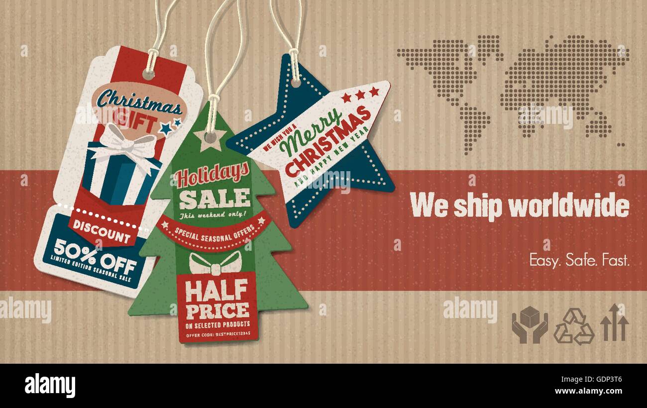Spedizione in tutto il mondo e le vendite banner con tag, la scatola di cartone e di sfondo mappa del mondo, lo shopping di Natale concept Illustrazione Vettoriale