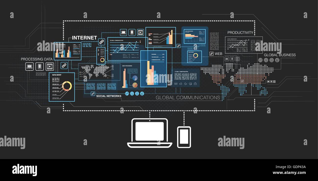 Business online concetto, laptop e telefono mobile collegato a internet Illustrazione Vettoriale