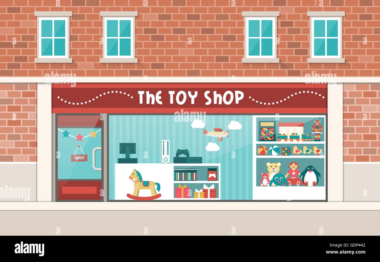 Negozio di giocattoli e display interno con ripiani e acquista Illustrazione Vettoriale