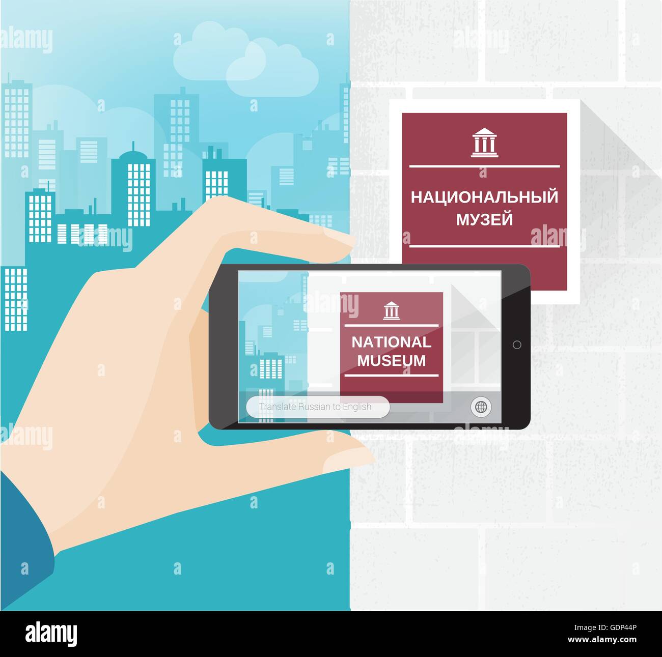 Mano che tiene una smart phone con app di traduzione Illustrazione Vettoriale