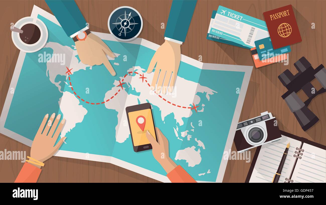 La gente la pianificazione di un viaggio intorno al mondo, essi stanno puntando su una mappa e utilizzando un'app su un telefono cellulare, i viaggi e le vacanze con Illustrazione Vettoriale