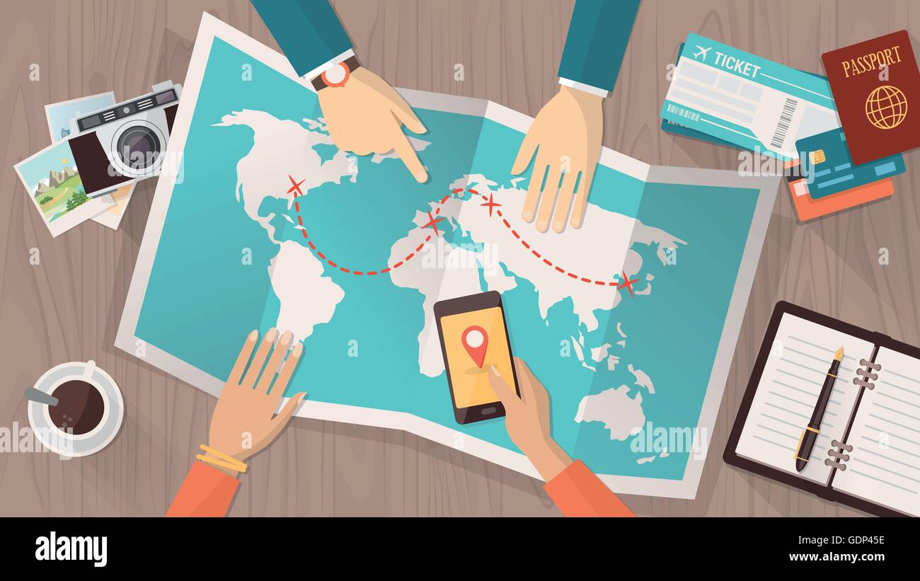 La gente la pianificazione di un viaggio intorno al mondo, essi stanno puntando su una mappa e utilizzando un'app su un telefono cellulare, i viaggi e le vacanze con Illustrazione Vettoriale
