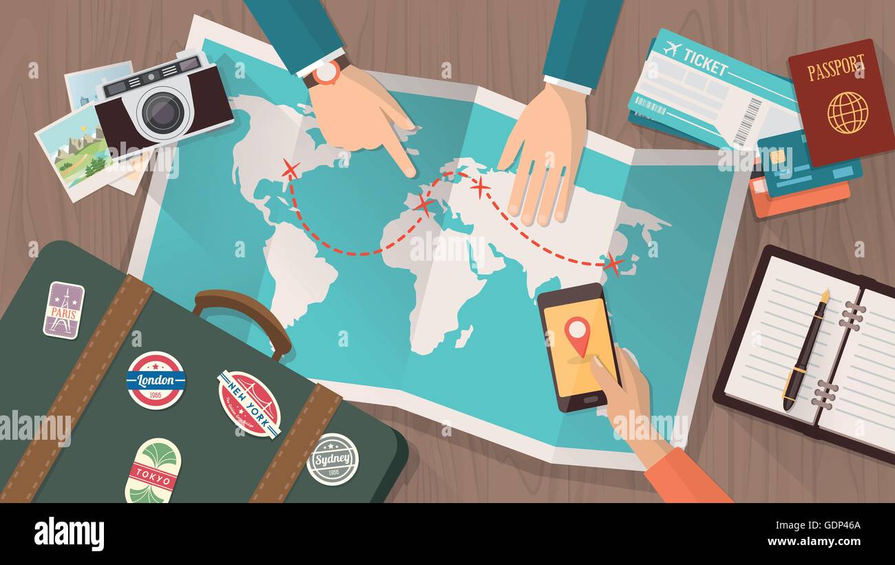Accoppiare la pianificazione di un viaggio intorno al mondo, egli sta puntando su una mappa e sta utilizzando una mobile app, e vacanze concept Illustrazione Vettoriale