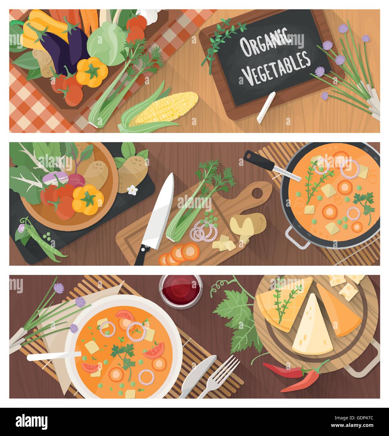Cucinare e mangiare sano banner impostato con gustosa minestra ricetta e la preparazione del cibo in casa Illustrazione Vettoriale