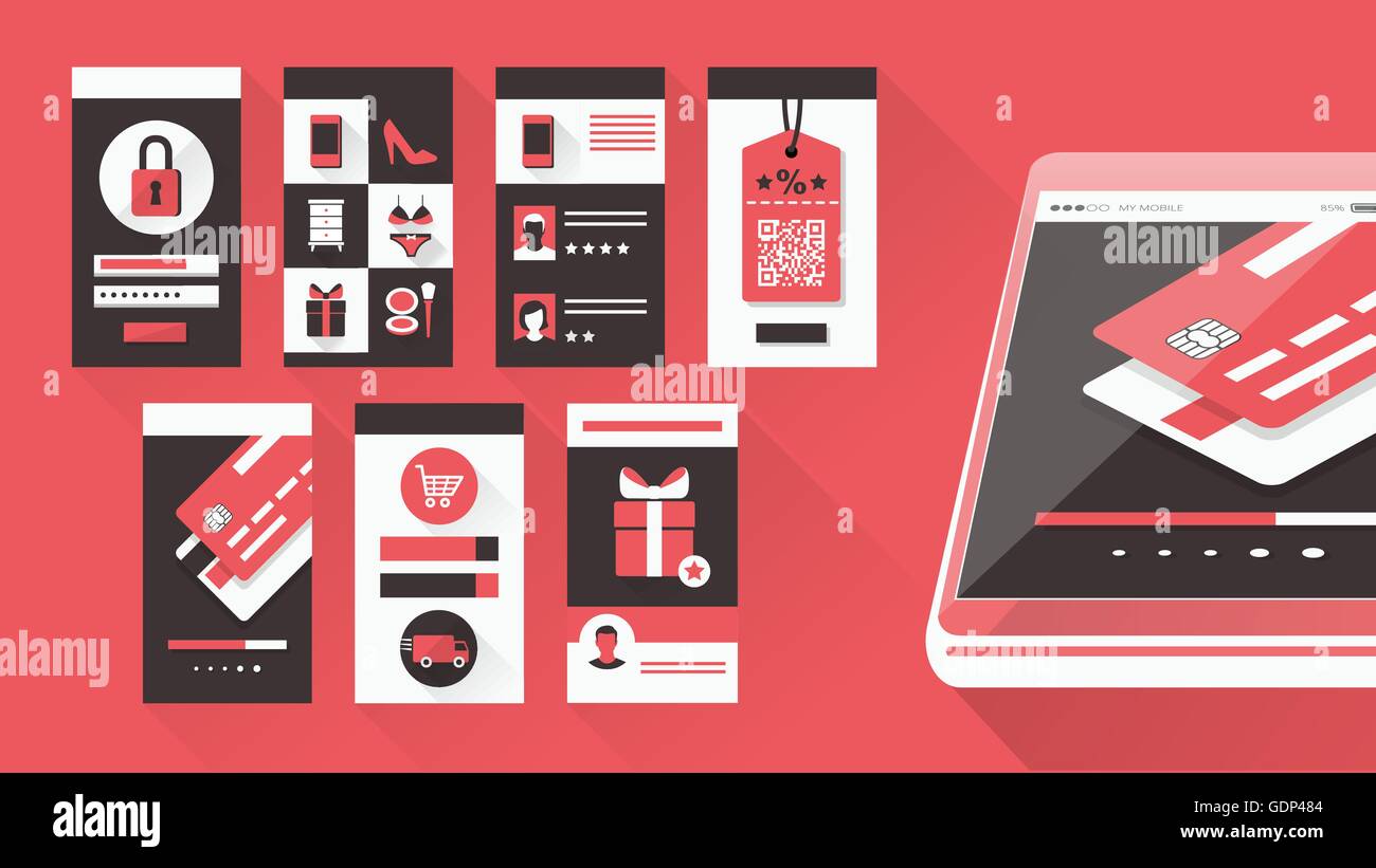 Interfaccia utente di set di shopping per smartphone e mobile con set di icone Illustrazione Vettoriale