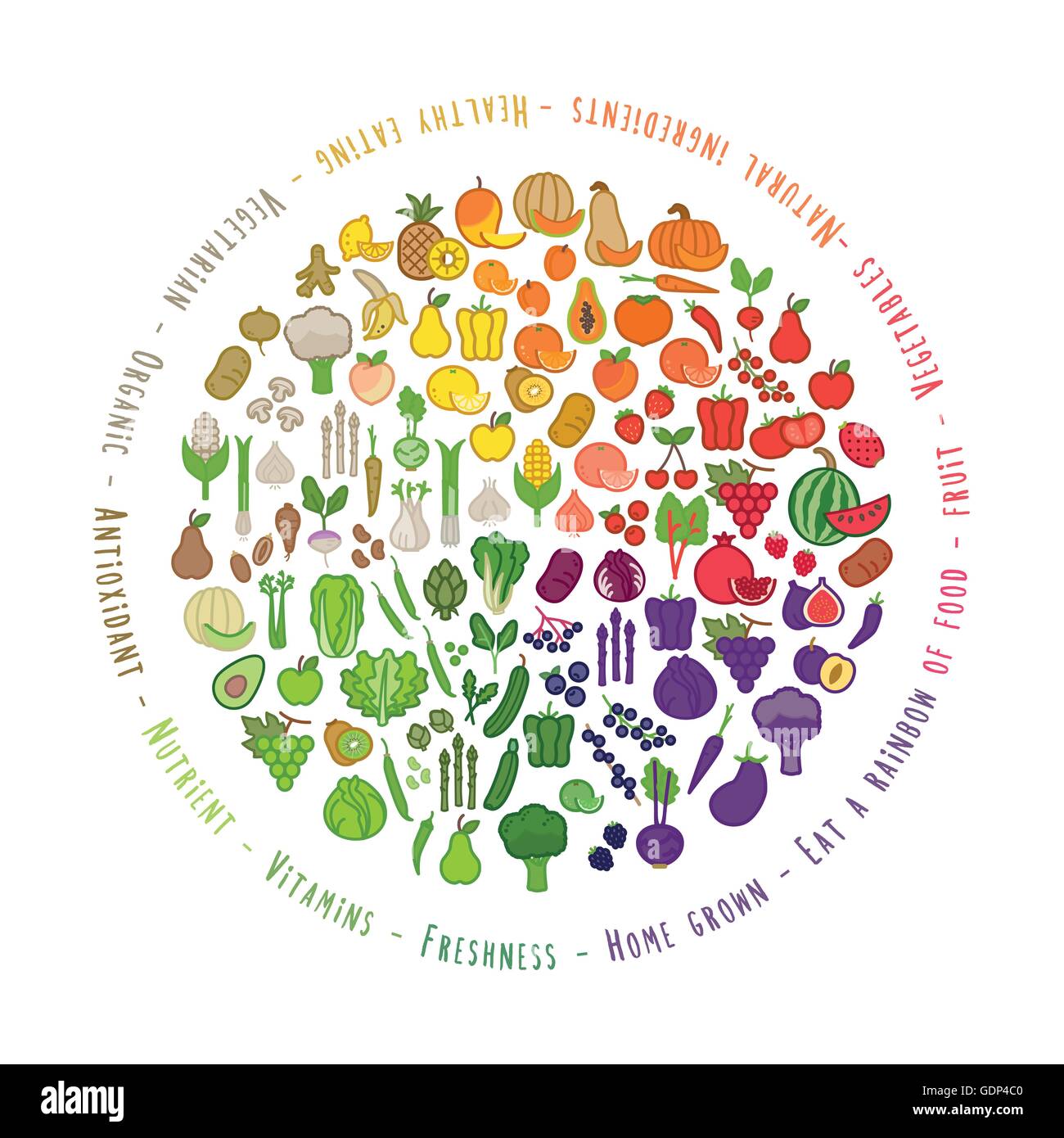 La frutta e la verdura ruota colori con icone di prodotti alimentari, nutrizione e alimentazione sana nozione Illustrazione Vettoriale