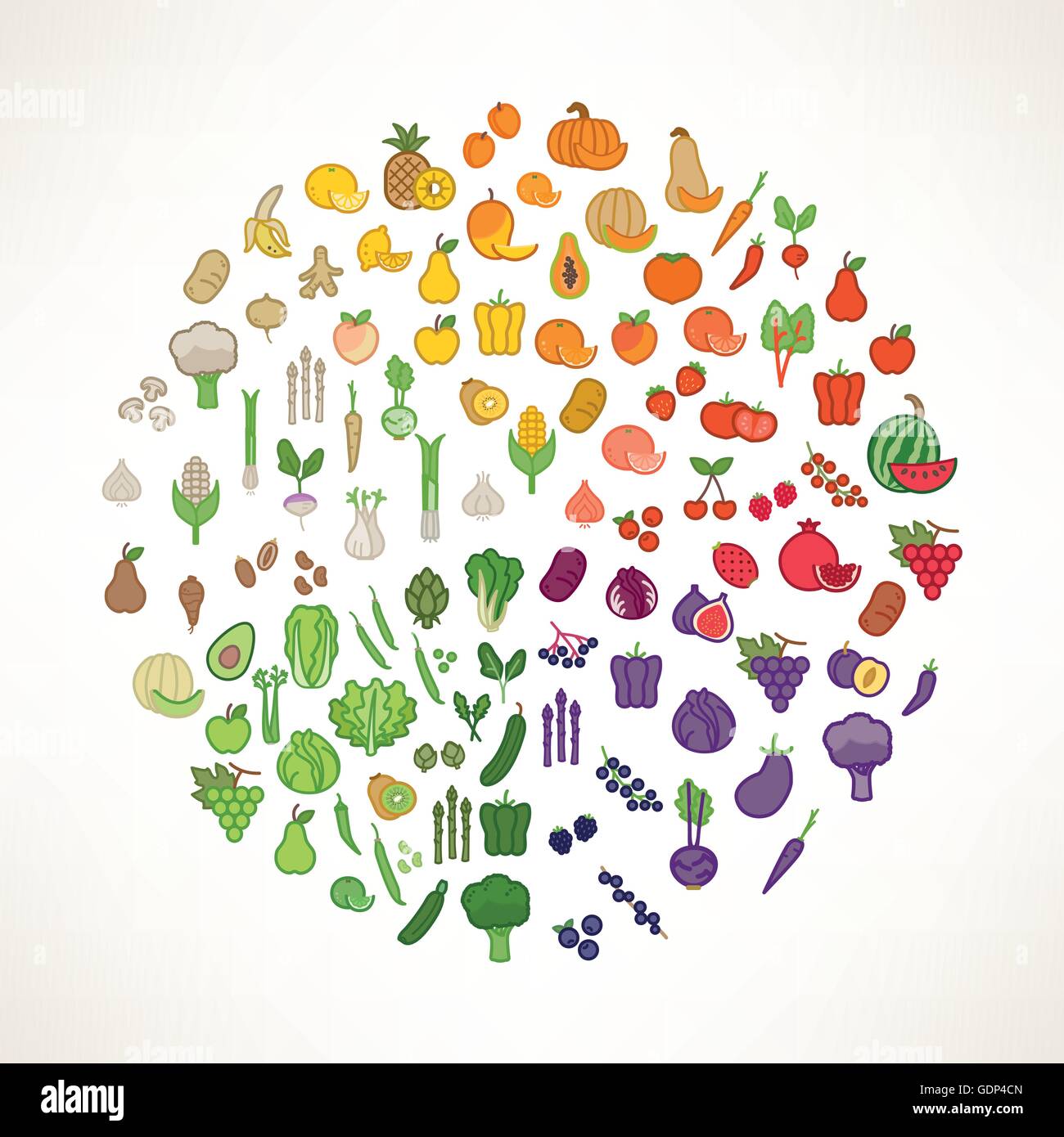 La frutta e la verdura ruota colori con icone di prodotti alimentari,  nutrizione e alimentazione sana nozione Immagine e Vettoriale - Alamy