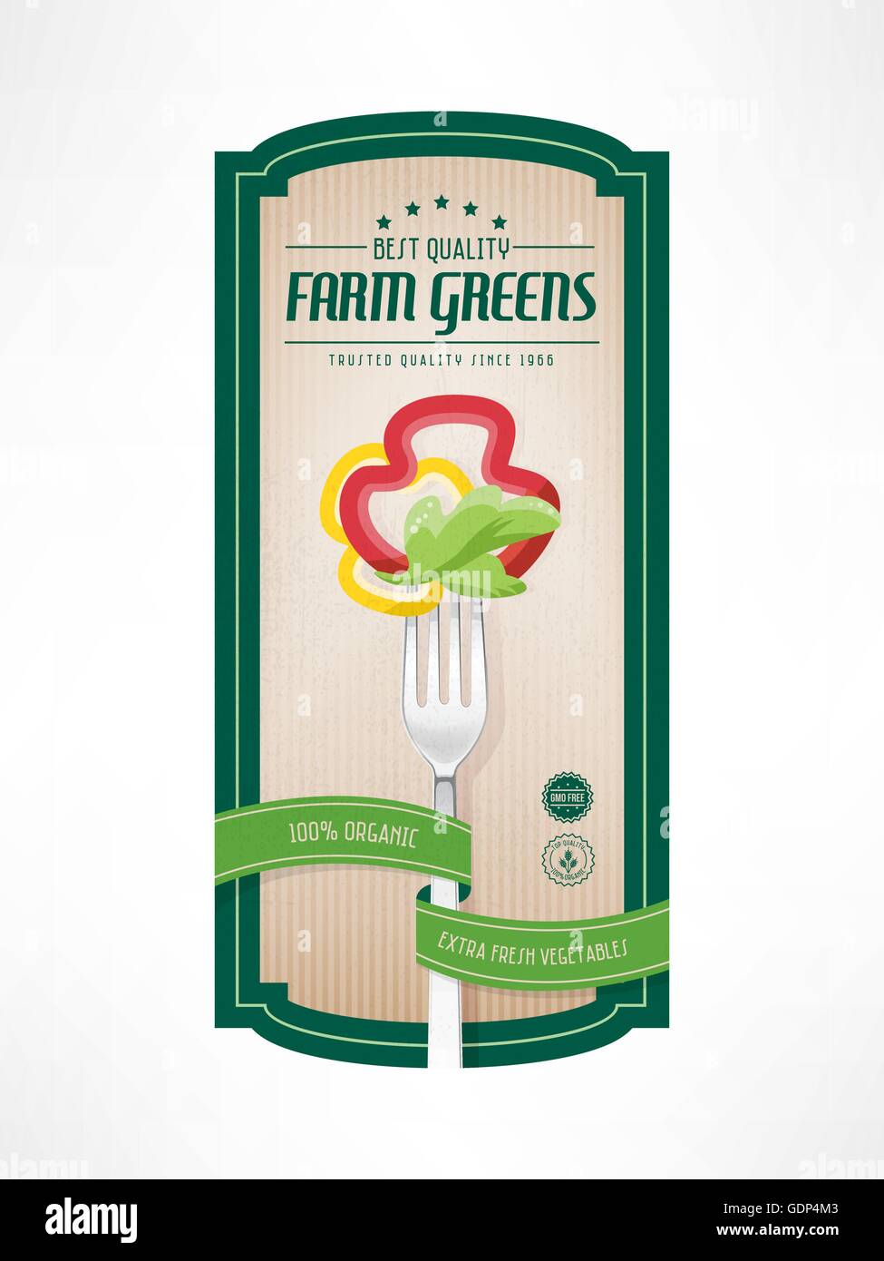 Verdure etichetta vintage con la forcella, a fette pepe e insalata, scudetti e sfondo a strisce Illustrazione Vettoriale