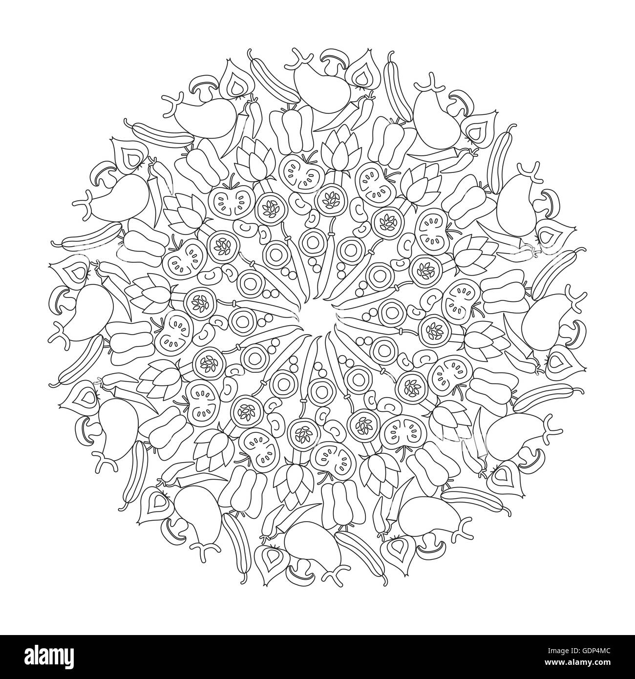 Verdure mandala con vari ortaggi sani Illustrazione Vettoriale