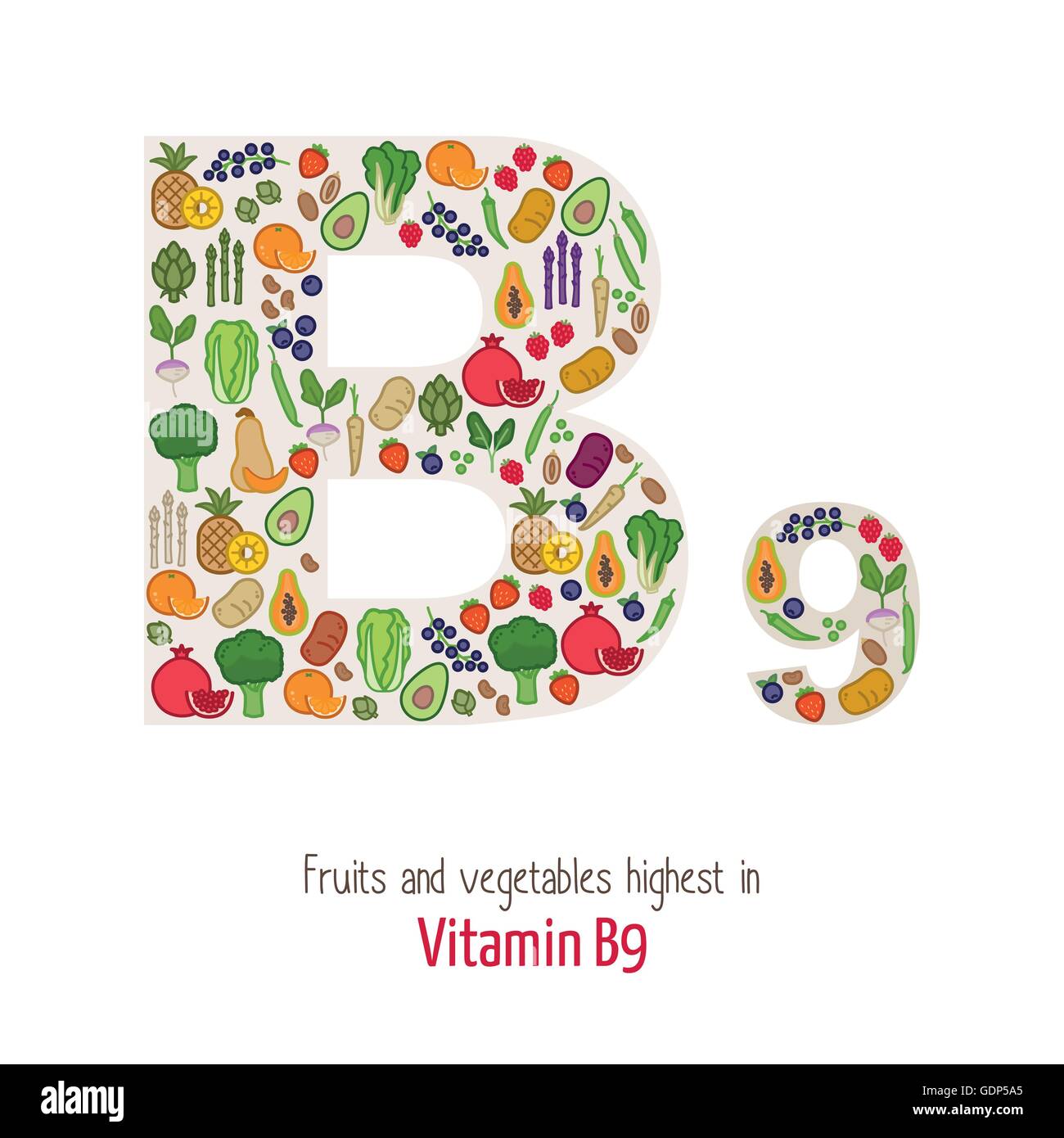 Frutta e verdura più in alto in vitamina B9 la composizione B9 lettera forma, nutrizione e alimentazione sana nozione Illustrazione Vettoriale