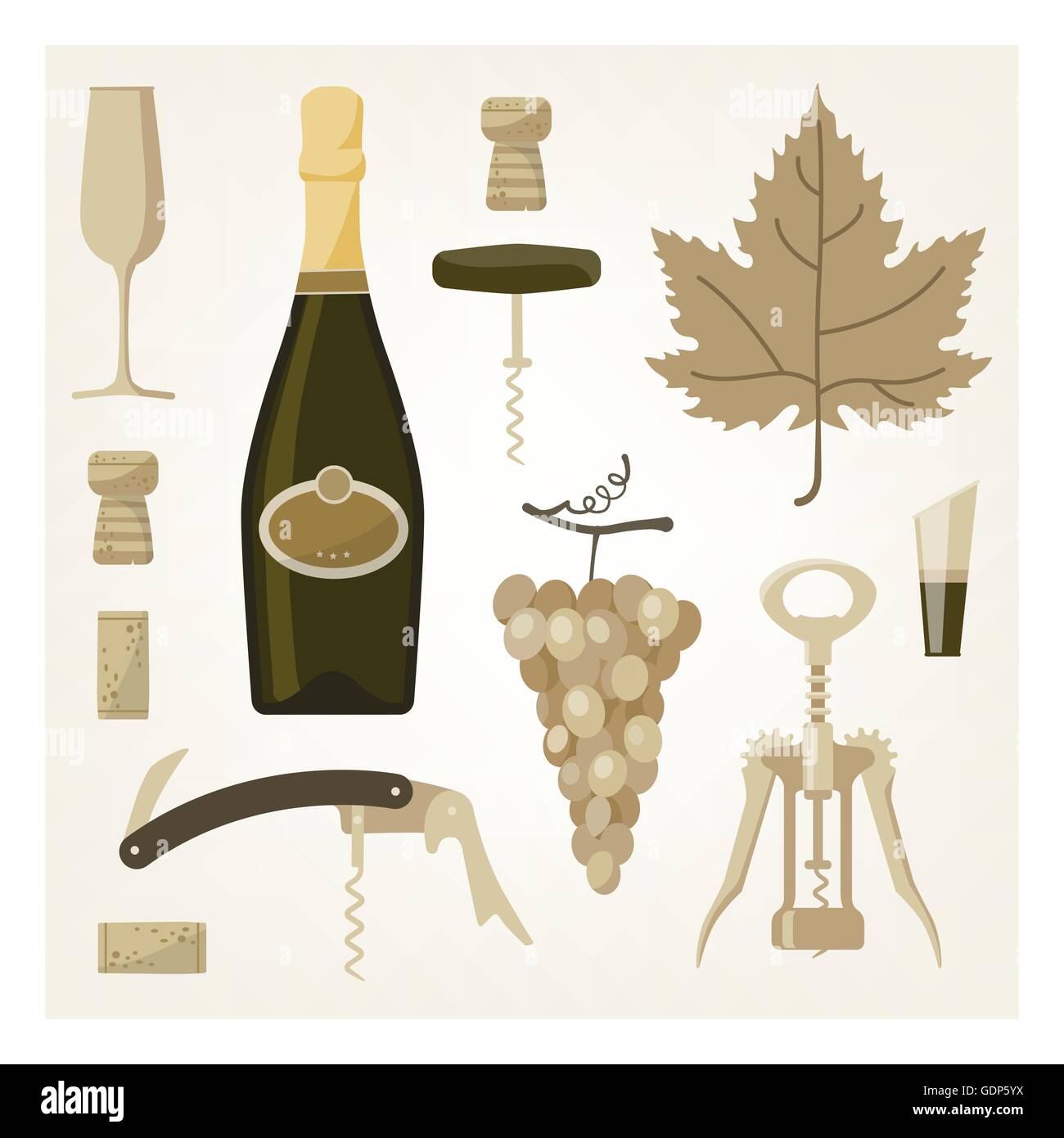 Bianco e spumante illustrazione vintage con bottiglia di vino, vetro, vite, tappi e cavatappi Illustrazione Vettoriale