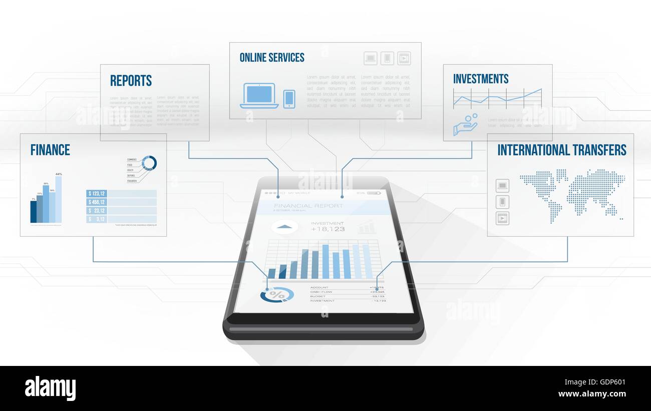 Smartphone con web e dati finanziari cornici in alto Illustrazione Vettoriale