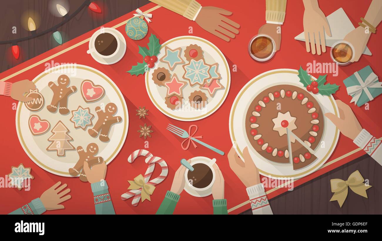 Famiglia festeggiano il Natale a casa e mangiare insieme deliziosi dolci, biscotti e dolci, vista dall'alto Illustrazione Vettoriale