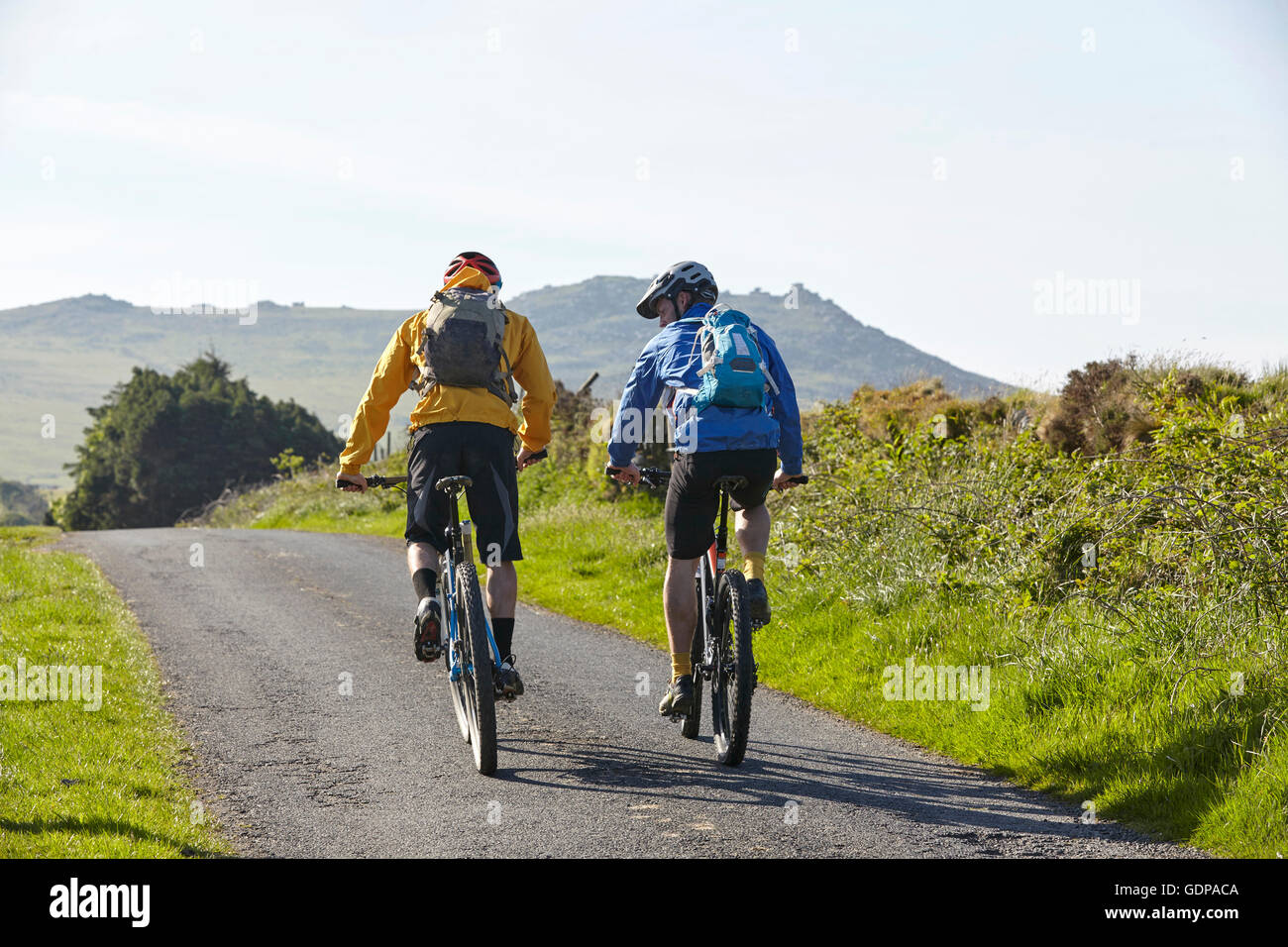 Vista posteriore dei ciclisti ciclismo su strada rurale Foto Stock