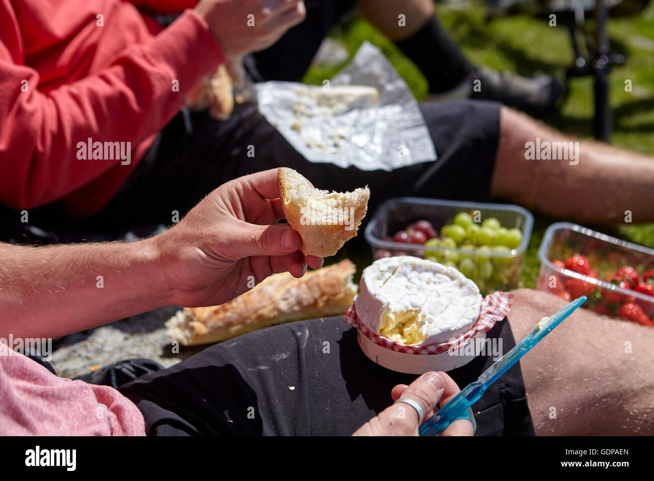 Vista ritagliata di uomini con picnic Foto Stock