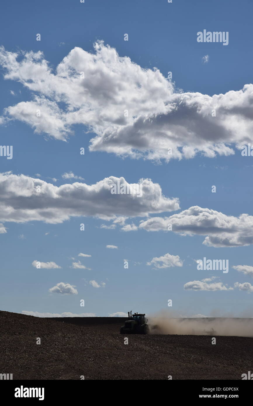 Il trattore sotto il cielo blu. Foto Stock