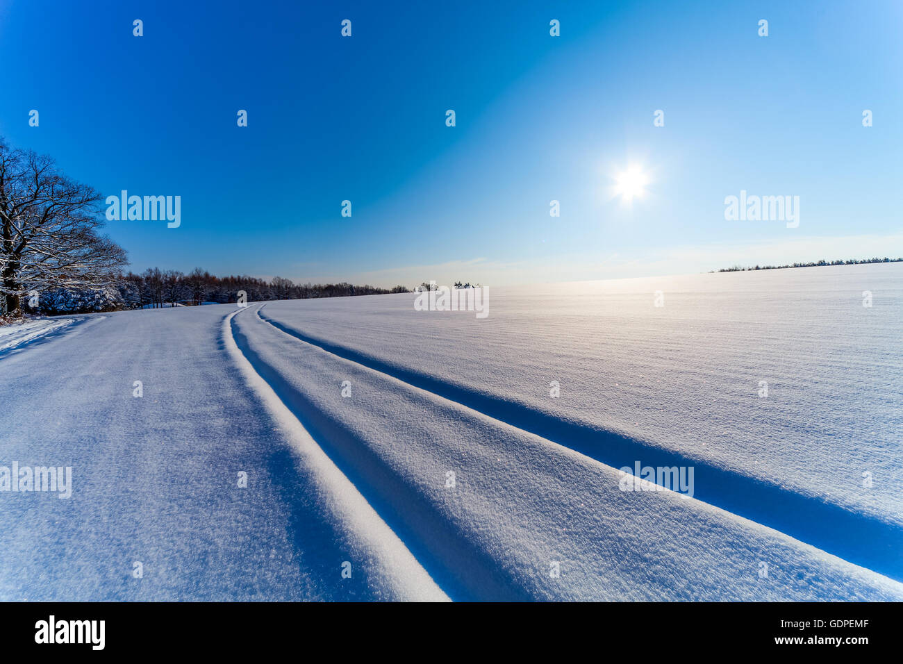 Alba sul paesaggio invernale. campo di neve Foto Stock