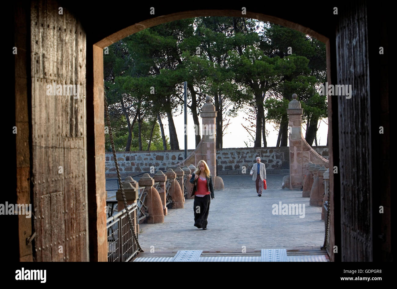 Cancello principale del castello di Montjuic, Barcellona, Spagna Foto Stock