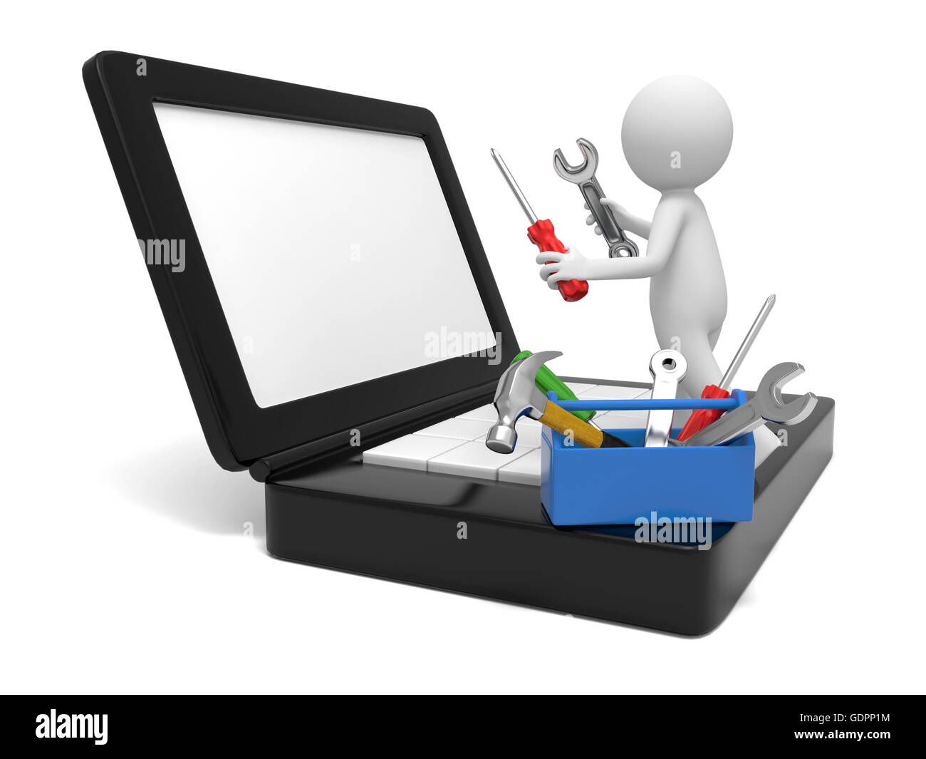 Un 3d uomo che ripara un computer con gli strumenti Foto Stock