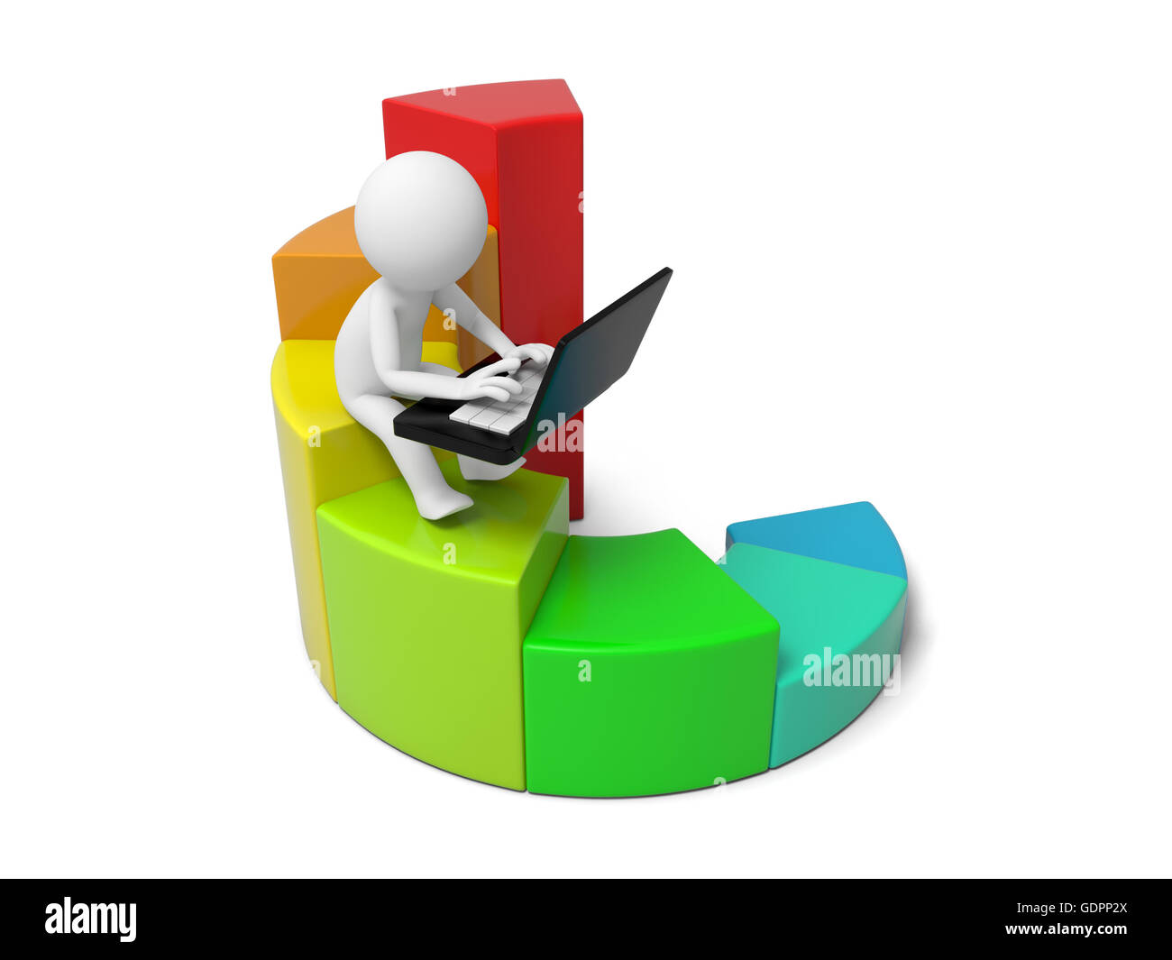 3d uomo seduto con il portatile su colorato grafico di business Foto Stock