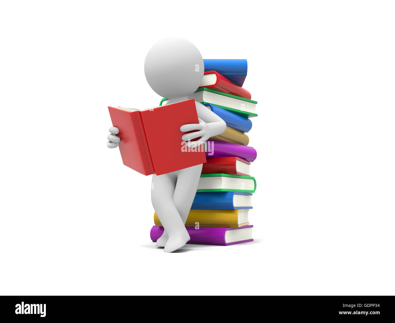 3d'uomo la lettura di un libro, poggiando la schiena contro una pila di libri Foto Stock