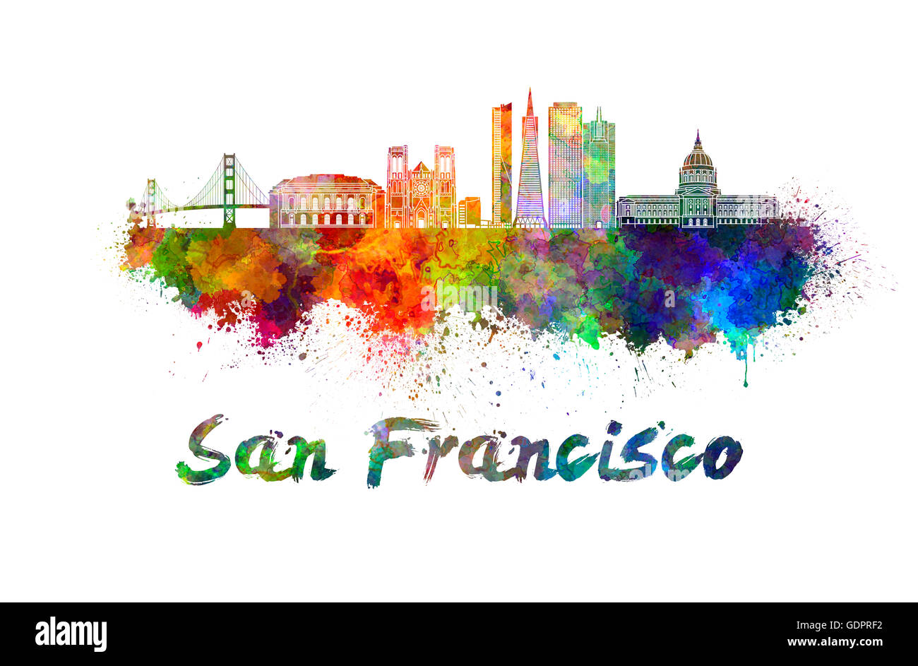 Skyline di San Francisco in acquerello schizza con tracciato di ritaglio Foto Stock