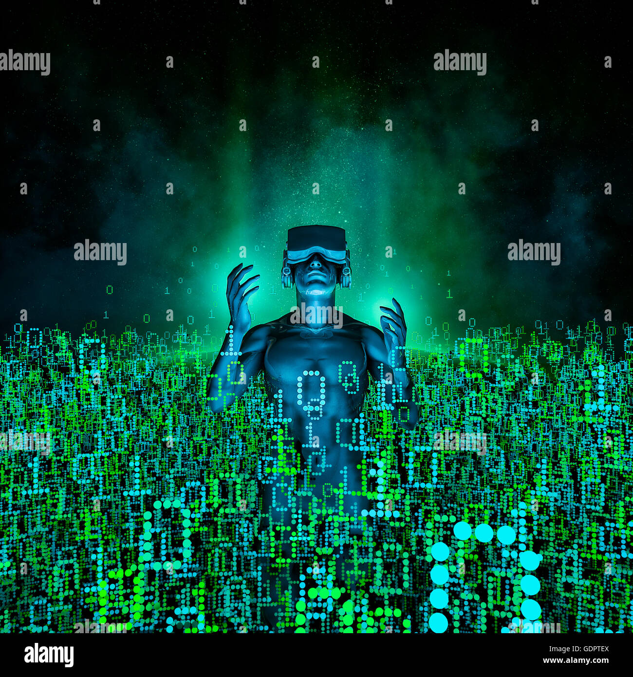 La realtà virtuale dawn / 3D illustrazione dell uomo che indossa occhiali per realtà virtuale circondato da dati binari Foto Stock